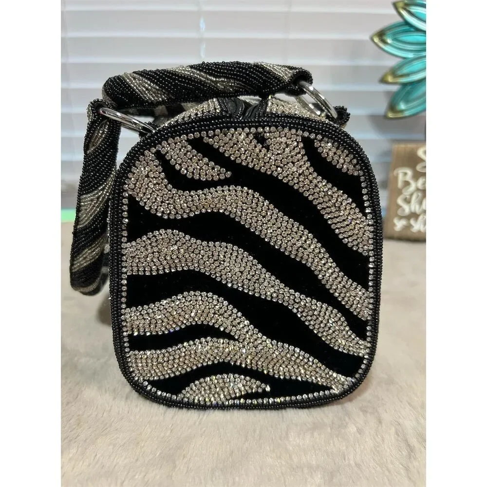 Mary Frances Glam Rock Zebra Print Satchel Rhinestone Accents